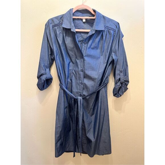 Blue 3/4 Sleeve Button Up Dress With Waist Tie Size Small - Picture 1 of 5